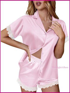 Lace Trim Satin Pajama Set Button Down Top Shorts with Pockets XS-XXL